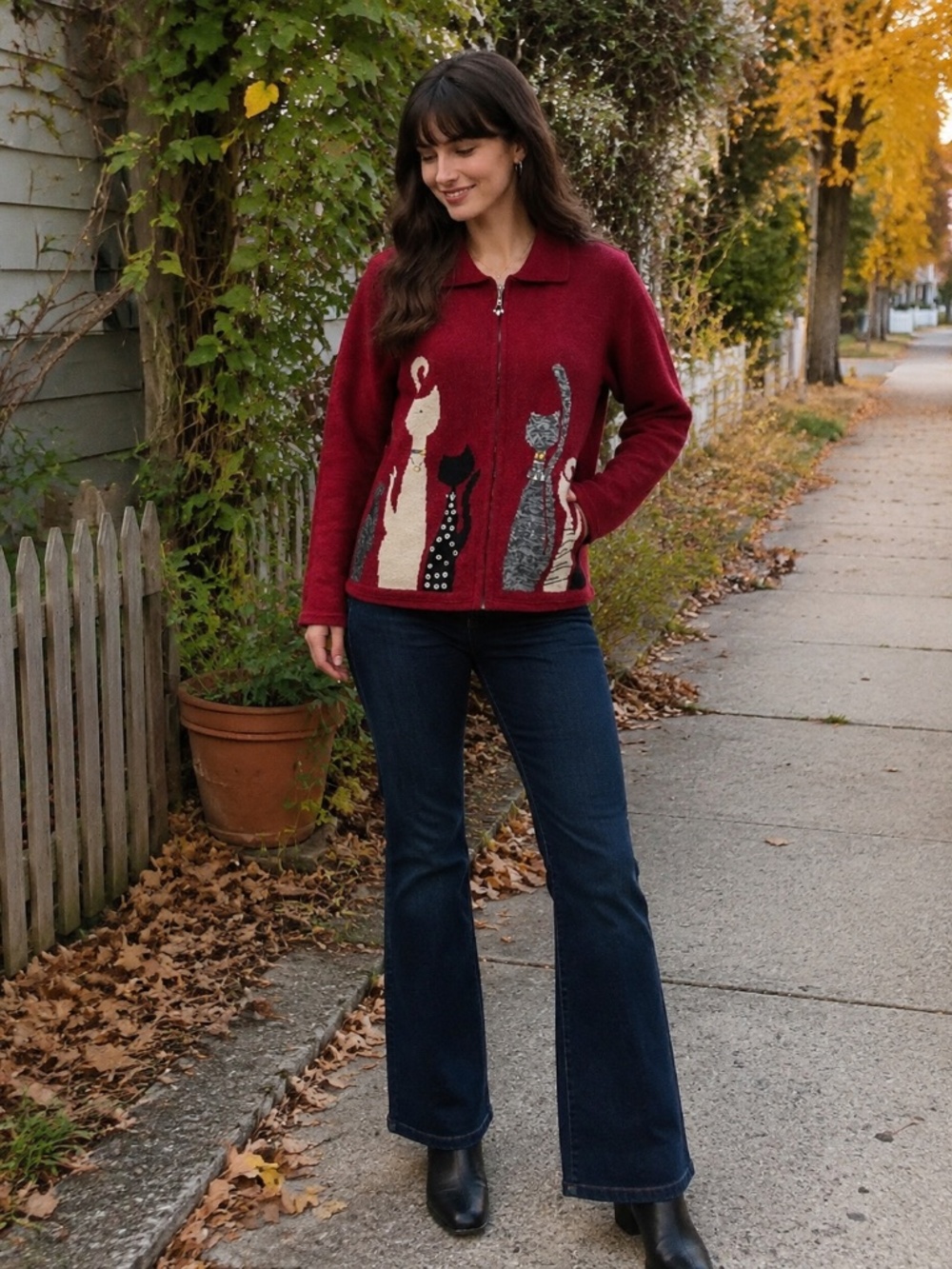 Whimsigoth Cat Knit Zip Cardigan Art to Wear Folk Art Boho Sweater Sz L